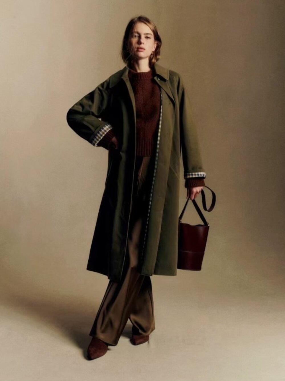 Sezane Trench Coat Dark Khaki Olive Green Cotton Jacket Size 40 Large